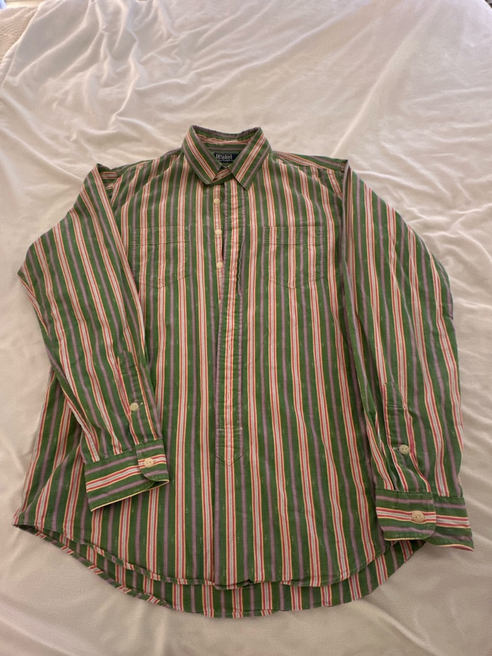 Polo by Ralph Lauren Green and Pink Striped Button-Down Shirt 100% Cotton